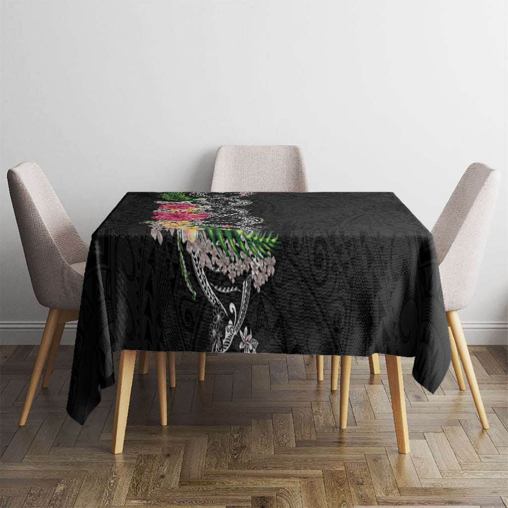 Hawaii DNA Kakau Tattoo Tablecloth with Plumeria and Hibiscus Tropical Plants Black Color LT03 - Polynesian Pride