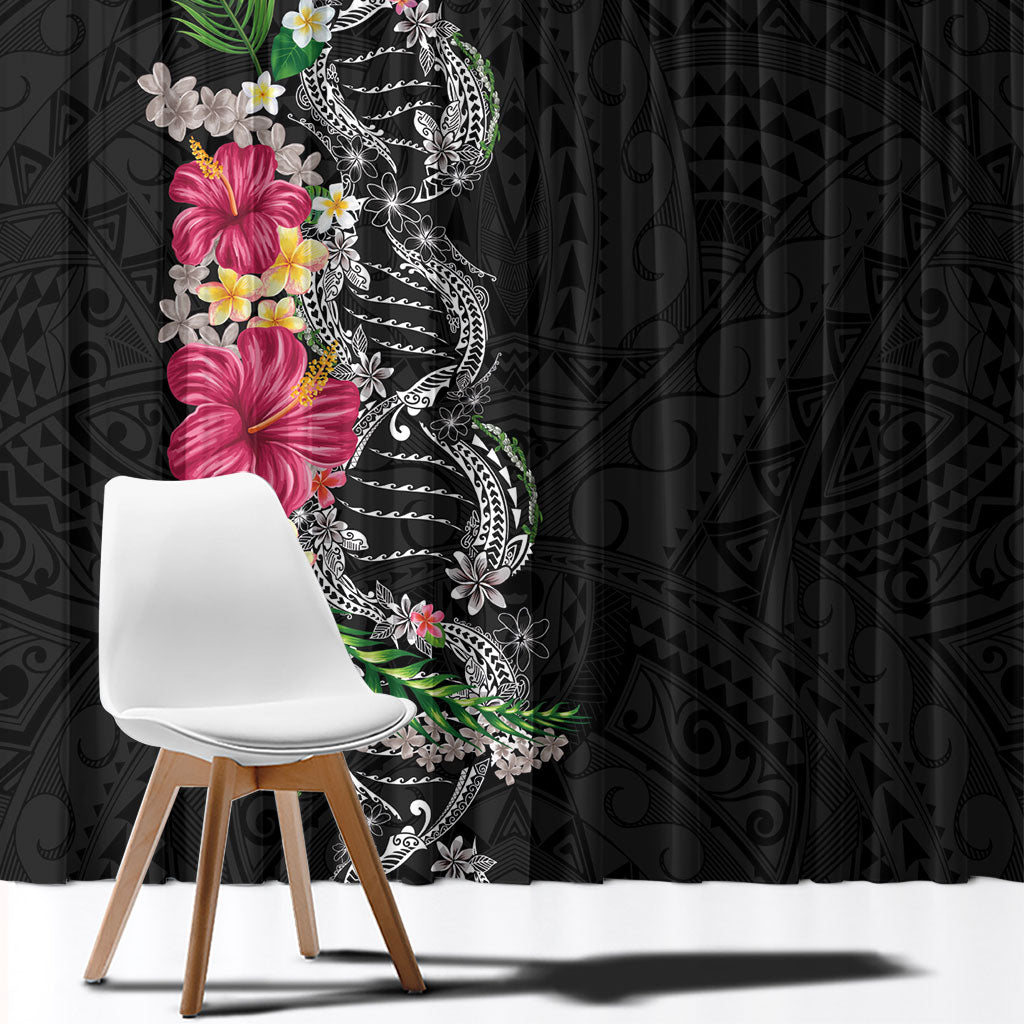 Hawaii DNA Kakau Tattoo Window Curtain with Plumeria and Hibiscus Tropical Plants Black Color LT03 - Polynesian Pride