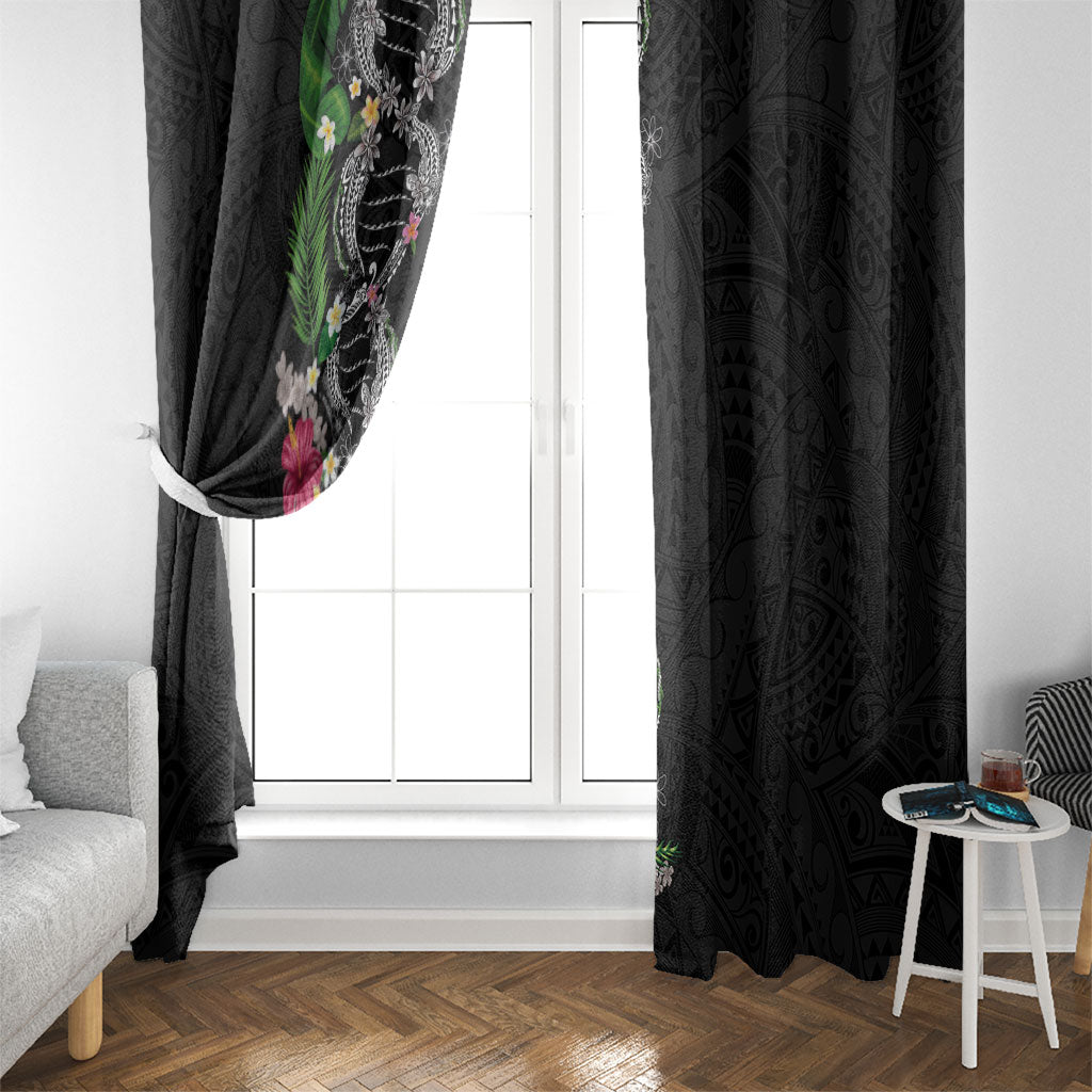 Hawaii DNA Kakau Tattoo Window Curtain with Plumeria and Hibiscus Tropical Plants Black Color LT03 - Polynesian Pride