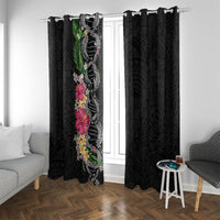 Hawaii DNA Kakau Tattoo Window Curtain with Plumeria and Hibiscus Tropical Plants Black Color LT03 With Grommets Black - Polynesian Pride