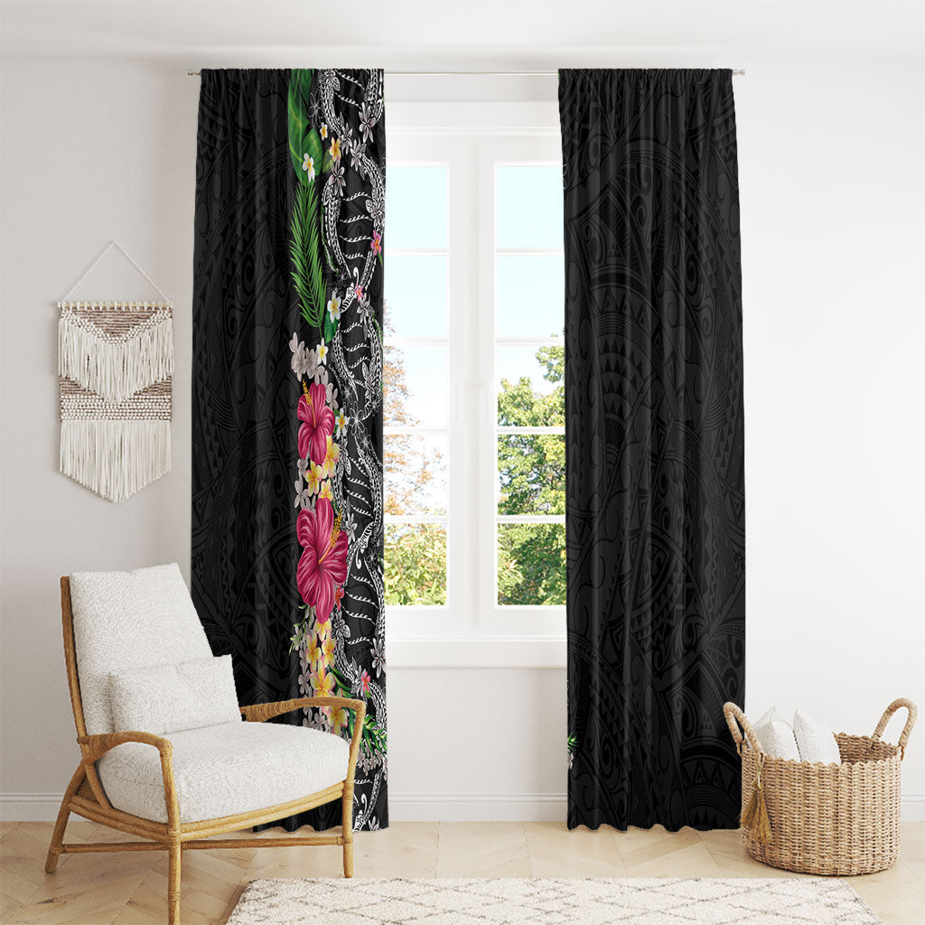 Hawaii DNA Kakau Tattoo Window Curtain with Plumeria and Hibiscus Tropical Plants Black Color LT03 - Polynesian Pride
