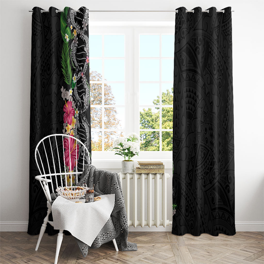 Hawaii DNA Kakau Tattoo Window Curtain with Plumeria and Hibiscus Tropical Plants Black Color LT03 - Polynesian Pride