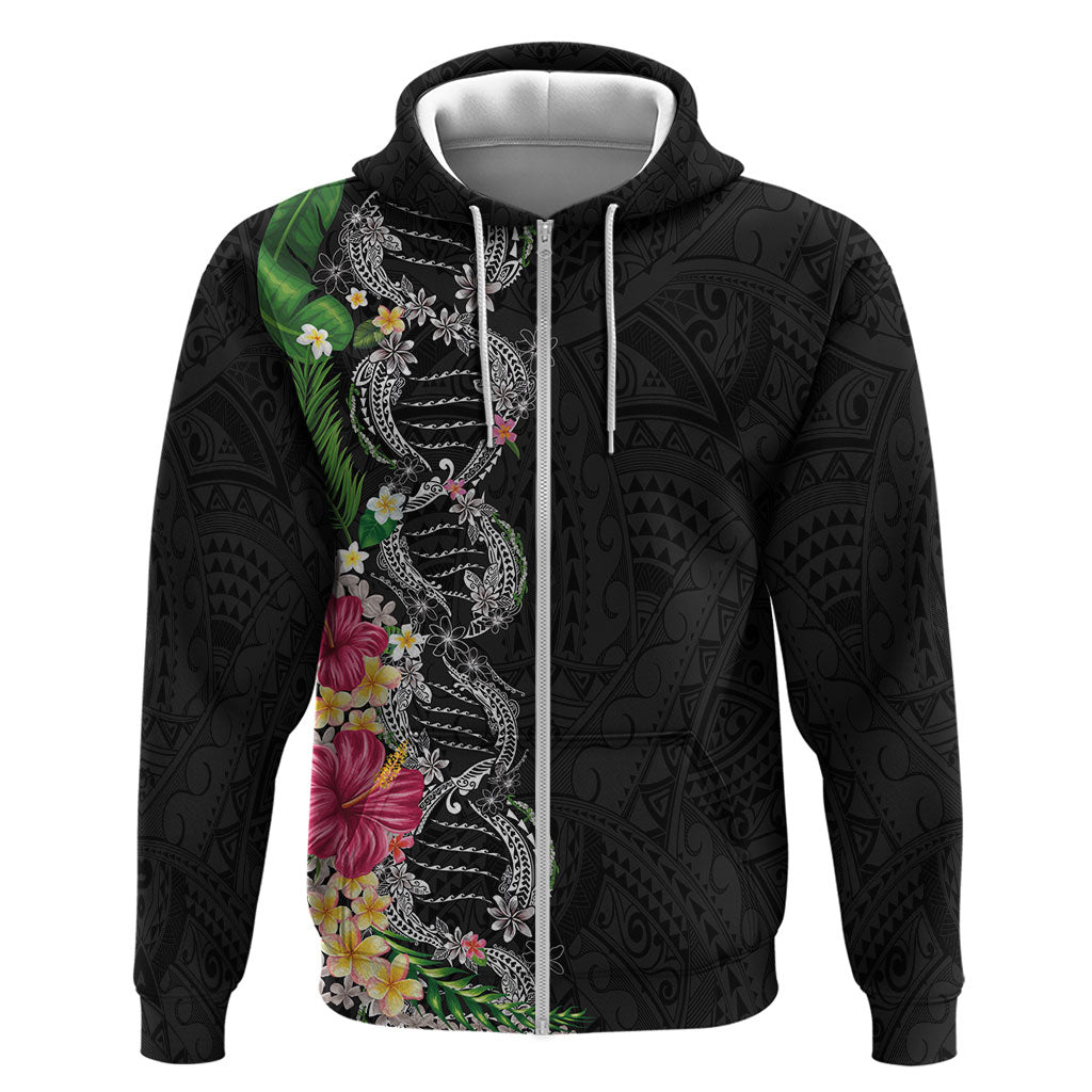 Hawaii DNA Kakau Tattoo Zip Hoodie with Plumeria and Hibiscus Tropical Plants Black Color