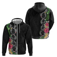 Hawaii DNA Kakau Tattoo Zip Hoodie with Plumeria and Hibiscus Tropical Plants Black Color