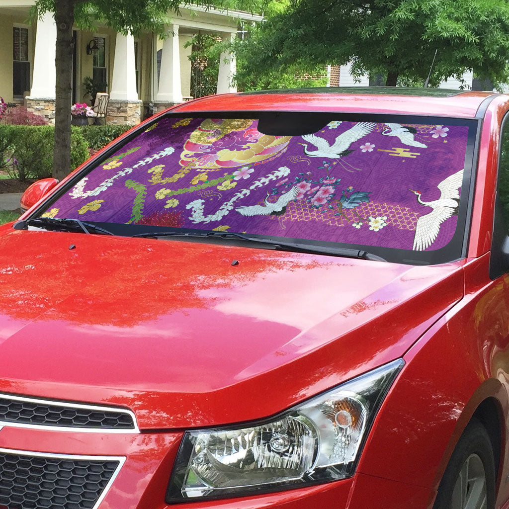 Hawaiian and Japanese Culture Together Auto Sun Shade Kakau Tribal Pattern and Irezumi Art Purple Color LT03 - Polynesian Pride