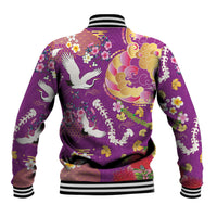 Hawaiian and Japanese Culture Together Baseball Jacket Kakau Tribal Pattern and Irezumi Art Purple Color