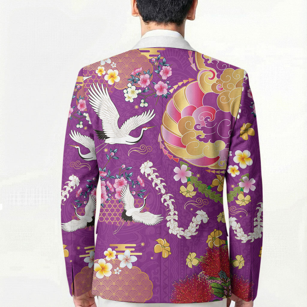 Hawaiian and Japanese Culture Together Blazer Kakau Tribal Pattern and Irezumi Art Purple Color