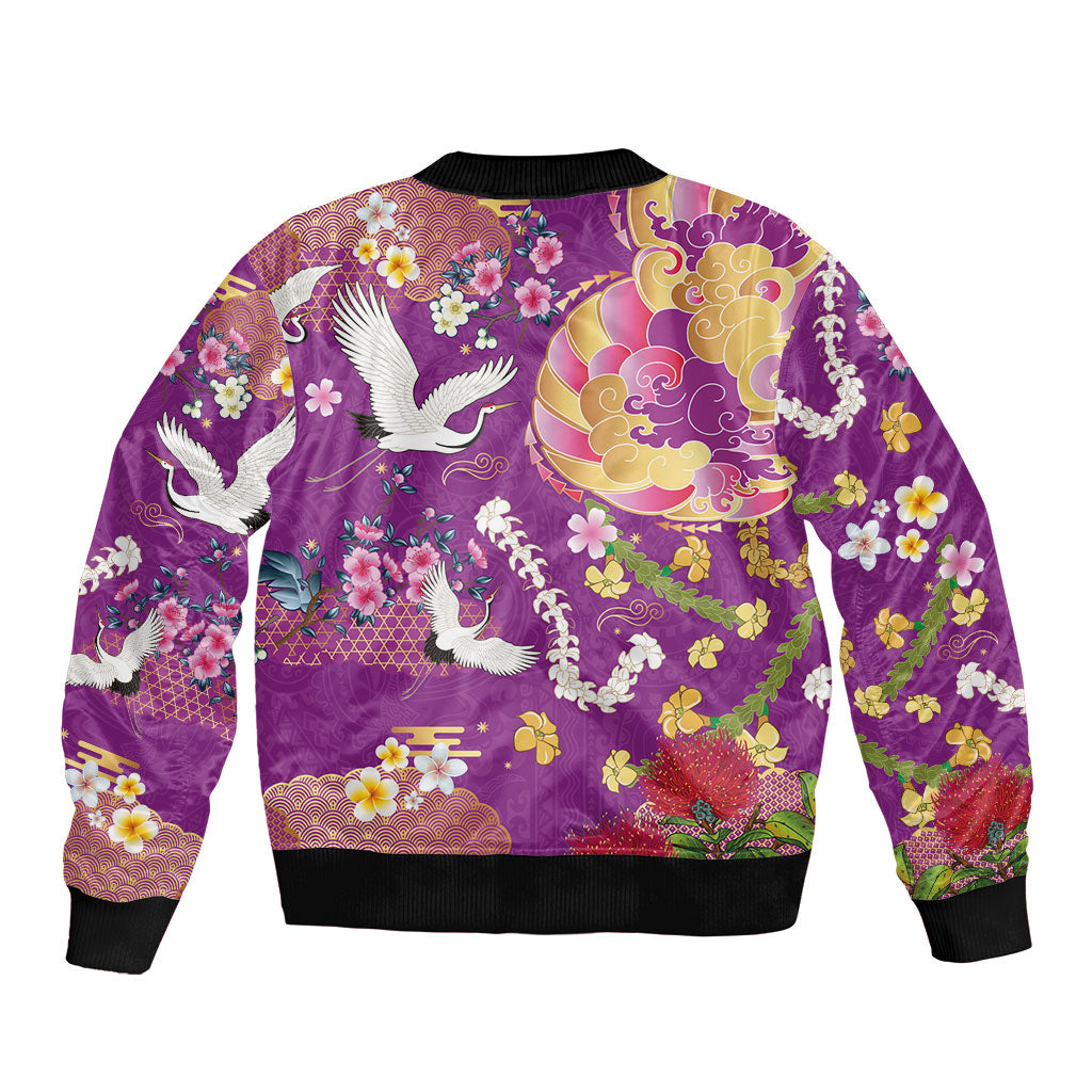 Hawaiian and Japanese Culture Together Bomber Jacket Kakau Tribal Pattern and Irezumi Art Purple Color