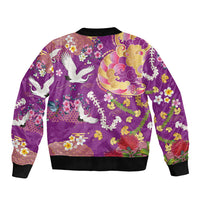 Hawaiian and Japanese Culture Together Bomber Jacket Kakau Tribal Pattern and Irezumi Art Purple Color