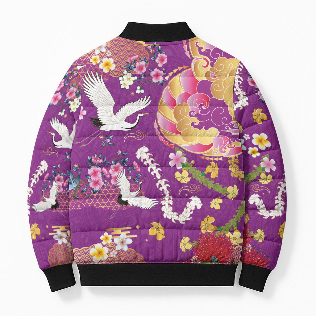 Hawaiian and Japanese Culture Together Bomber Puffer Jacket Kakau Tribal Pattern and Irezumi Art Purple Color