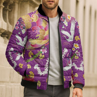 Hawaiian and Japanese Culture Together Bomber Puffer Jacket Kakau Tribal Pattern and Irezumi Art Purple Color