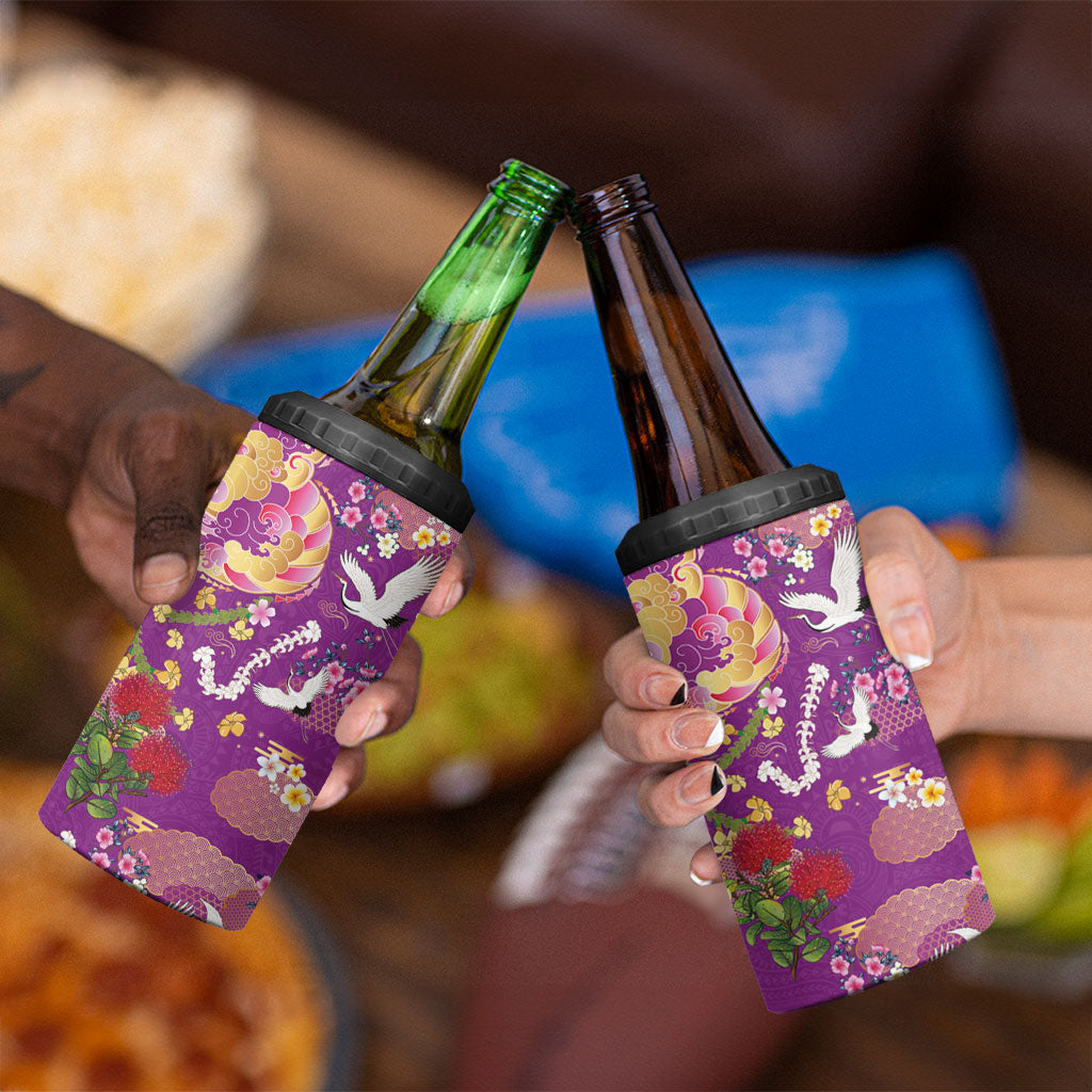 Hawaiian and Japanese Culture Together 4 in 1 Can Cooler Tumbler Kakau Tribal Pattern and Irezumi Art Purple Color