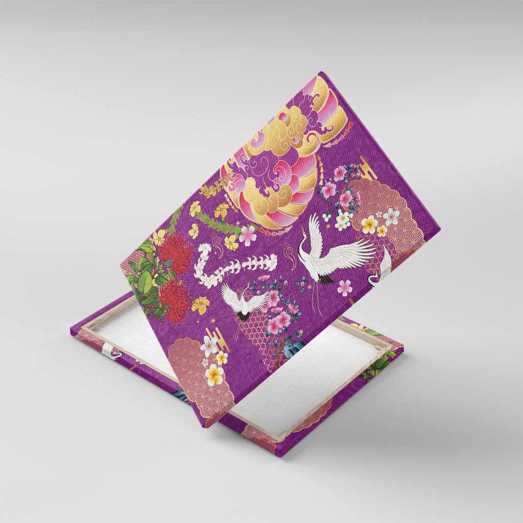 Hawaiian and Japanese Culture Together Canvas Wall Art Kakau Tribal Pattern and Irezumi Art Purple Color LT03 With Frame Purple - Polynesian Pride
