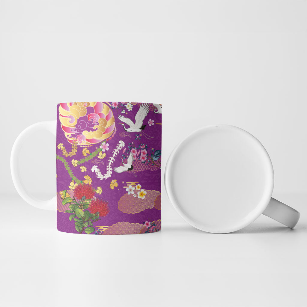 Hawaiian and Japanese Culture Together Ceramic Mug Kakau Tribal Pattern and Irezumi Art Purple Color LT03 - Polynesian Pride