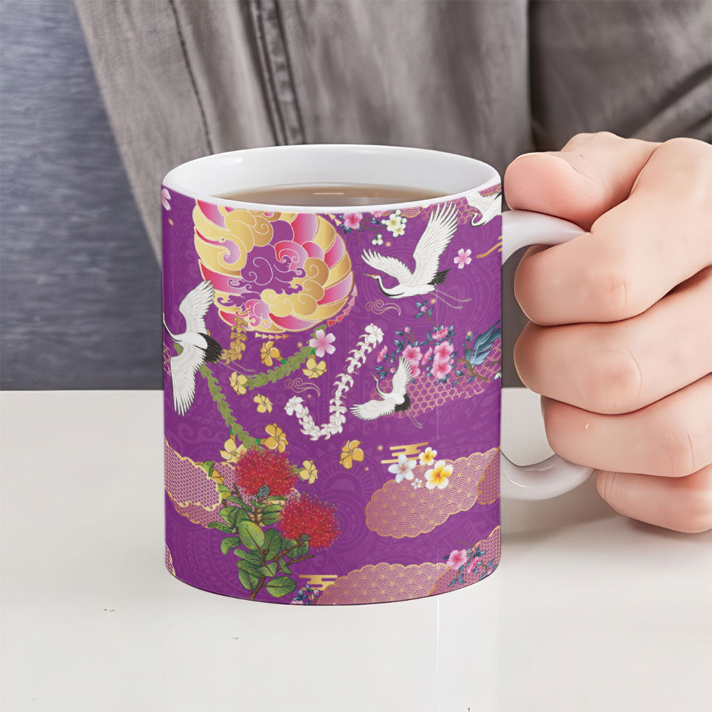 Hawaiian and Japanese Culture Together Ceramic Mug Kakau Tribal Pattern and Irezumi Art Purple Color LT03 - Polynesian Pride