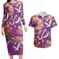 Hawaiian and Japanese Culture Together Couples Matching Long Sleeve Bodycon Dress and Hawaiian Shirt Kakau Tribal Pattern and Irezumi Art Purple Color LT03 Purple - Polynesian Pride