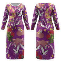 Hawaiian and Japanese Culture Together Couples Matching Long Sleeve Bodycon Dress and Hawaiian Shirt Kakau Tribal Pattern and Irezumi Art Purple Color LT03 - Polynesian Pride