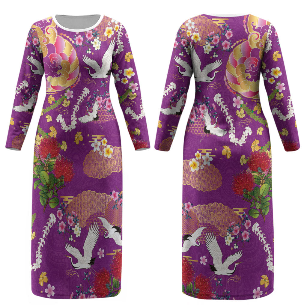 Hawaiian and Japanese Culture Together Couples Matching Long Sleeve Bodycon Dress and Long Sleeve Button Shirt Kakau Tribal Pattern and Irezumi Art Purple Color LT03 - Polynesian Pride