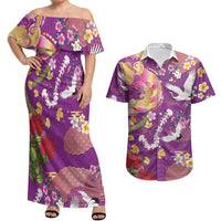 Hawaiian and Japanese Culture Together Couples Matching Off Shoulder Maxi Dress and Hawaiian Shirt Kakau Tribal Pattern and Irezumi Art Purple Color LT03 Purple - Polynesian Pride