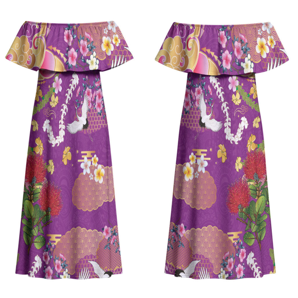 Hawaiian and Japanese Culture Together Couples Matching Off Shoulder Maxi Dress and Long Sleeve Button Shirt Kakau Tribal Pattern and Irezumi Art Purple Color LT03 - Polynesian Pride