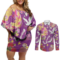 Hawaiian and Japanese Culture Together Couples Matching Off Shoulder Short Dress and Long Sleeve Button Shirt Kakau Tribal Pattern and Irezumi Art Purple Color LT03 Purple - Polynesian Pride