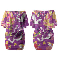 Hawaiian and Japanese Culture Together Couples Matching Off Shoulder Short Dress and Long Sleeve Button Shirt Kakau Tribal Pattern and Irezumi Art Purple Color LT03 - Polynesian Pride