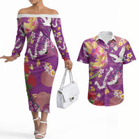 Hawaiian and Japanese Culture Together Couples Matching Off The Shoulder Long Sleeve Dress and Hawaiian Shirt Kakau Tribal Pattern and Irezumi Art Purple Color LT03 Purple - Polynesian Pride