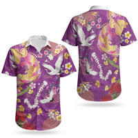 Hawaiian and Japanese Culture Together Couples Matching Off The Shoulder Long Sleeve Dress and Hawaiian Shirt Kakau Tribal Pattern and Irezumi Art Purple Color LT03 - Polynesian Pride