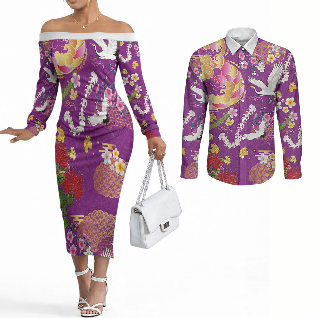 Hawaiian and Japanese Culture Together Couples Matching Off The Shoulder Long Sleeve Dress and Long Sleeve Button Shirt Kakau Tribal Pattern and Irezumi Art Purple Color LT03 Purple - Polynesian Pride
