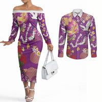 Hawaiian and Japanese Culture Together Couples Matching Off The Shoulder Long Sleeve Dress and Long Sleeve Button Shirt Kakau Tribal Pattern and Irezumi Art Purple Color LT03 Purple - Polynesian Pride