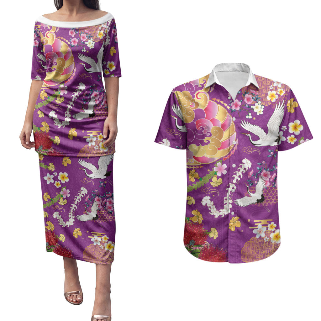 Hawaiian and Japanese Culture Together Couples Matching Puletasi and Hawaiian Shirt Kakau Tribal Pattern and Irezumi Art Purple Color LT03 Purple - Polynesian Pride