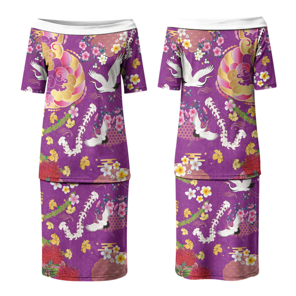 Hawaiian and Japanese Culture Together Couples Matching Puletasi and Hawaiian Shirt Kakau Tribal Pattern and Irezumi Art Purple Color LT03 - Polynesian Pride