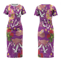 Hawaiian and Japanese Culture Together Couples Matching Short Sleeve Bodycon Dress and Hawaiian Shirt Kakau Tribal Pattern and Irezumi Art Purple Color LT03 - Polynesian Pride