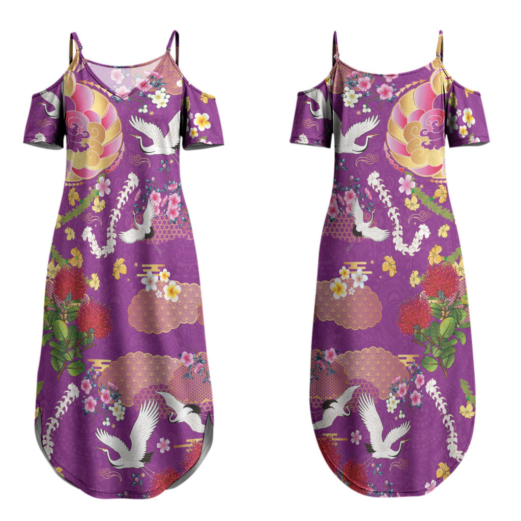 Hawaiian and Japanese Culture Together Couples Matching Summer Maxi Dress and Hawaiian Shirt Kakau Tribal Pattern and Irezumi Art Purple Color LT03 - Polynesian Pride