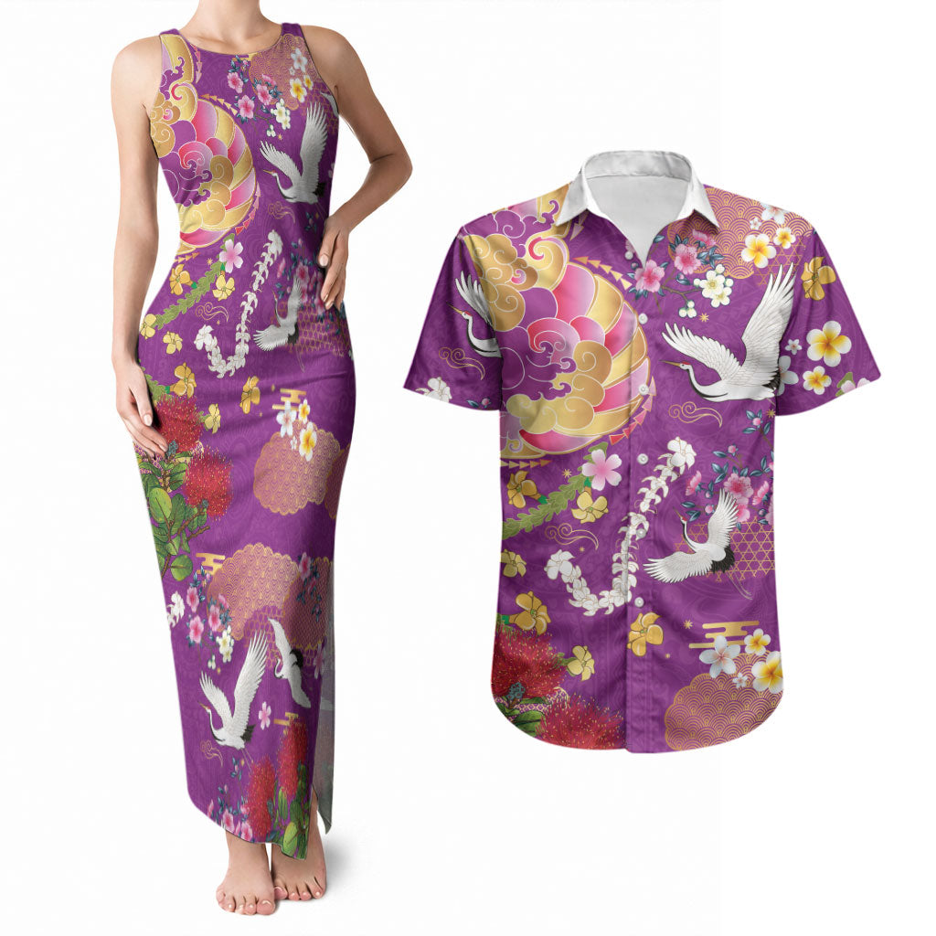 Hawaiian and Japanese Culture Together Couples Matching Tank Maxi Dress and Hawaiian Shirt Kakau Tribal Pattern and Irezumi Art Purple Color LT03 Purple - Polynesian Pride