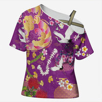 Hawaiian and Japanese Culture Together Cross Shoulder Shirt Kakau Tribal Pattern and Irezumi Art Purple Color