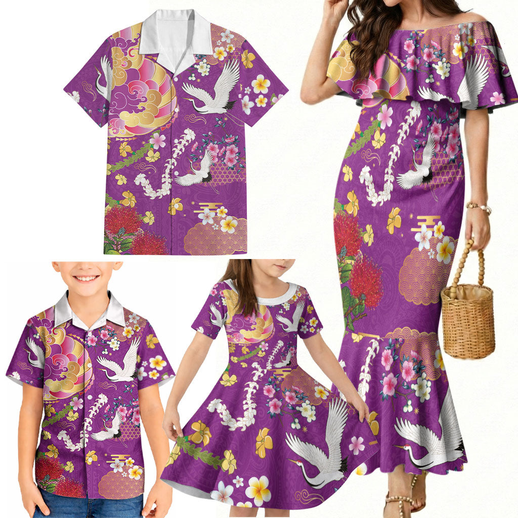 Hawaiian and Japanese Culture Together Family Matching Mermaid Dress and Hawaiian Shirt Kakau Tribal Pattern and Irezumi Art Purple Color LT03 - Polynesian Pride