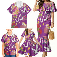 Hawaiian and Japanese Culture Together Family Matching Mermaid Dress and Hawaiian Shirt Kakau Tribal Pattern and Irezumi Art Purple Color