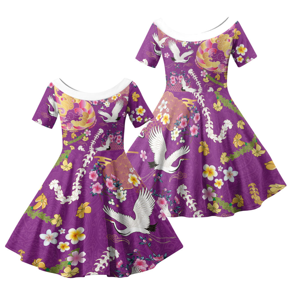 Hawaiian and Japanese Culture Together Family Matching Off Shoulder Maxi Dress and Hawaiian Shirt Kakau Tribal Pattern and Irezumi Art Purple Color