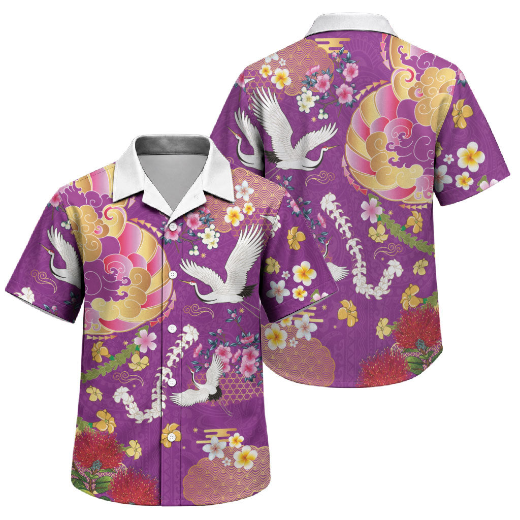 Hawaiian and Japanese Culture Together Family Matching Off Shoulder Maxi Dress and Hawaiian Shirt Kakau Tribal Pattern and Irezumi Art Purple Color
