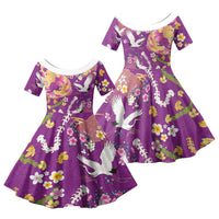 Hawaiian and Japanese Culture Together Family Matching Off Shoulder Short Dress and Hawaiian Shirt Kakau Tribal Pattern and Irezumi Art Purple Color