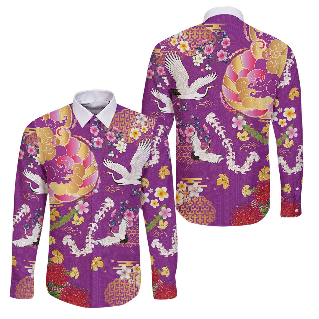 Hawaiian and Japanese Culture Together Family Matching Short Sleeve Bodycon Dress and Hawaiian Shirt Kakau Tribal Pattern and Irezumi Art Purple Color