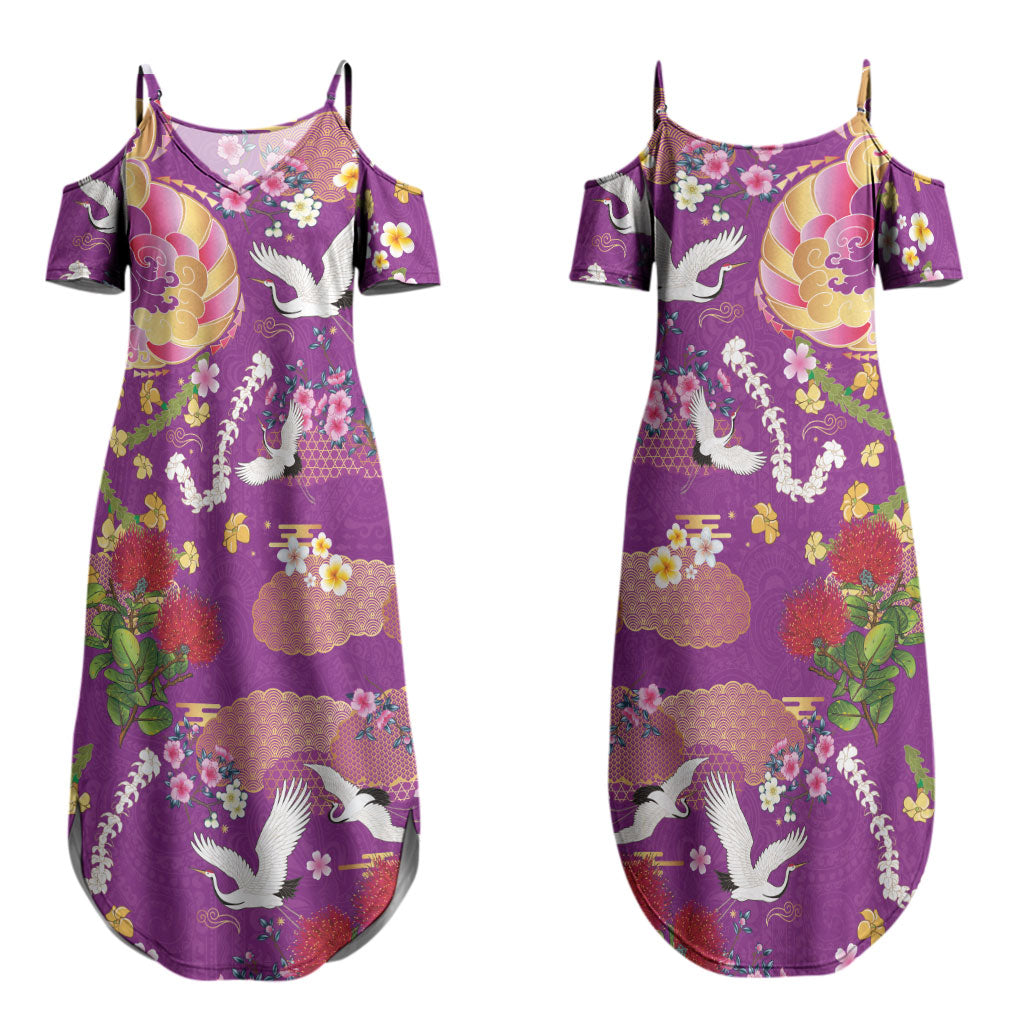 Hawaiian and Japanese Culture Together Family Matching Summer Maxi Dress and Hawaiian Shirt Kakau Tribal Pattern and Irezumi Art Purple Color