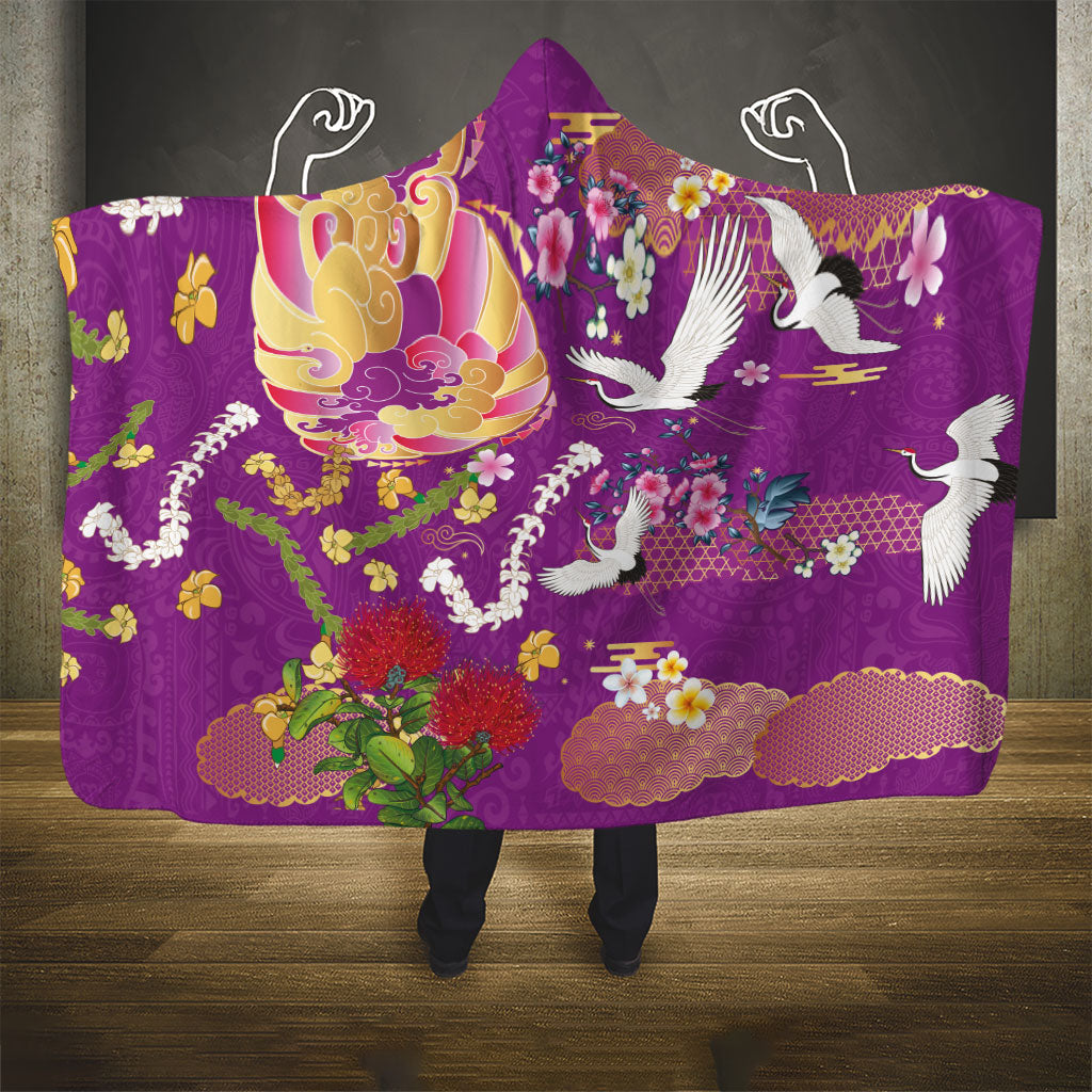 Hawaiian and Japanese Culture Together Hooded Blanket Kakau Tribal Pattern and Irezumi Art Purple Color LT03 - Polynesian Pride