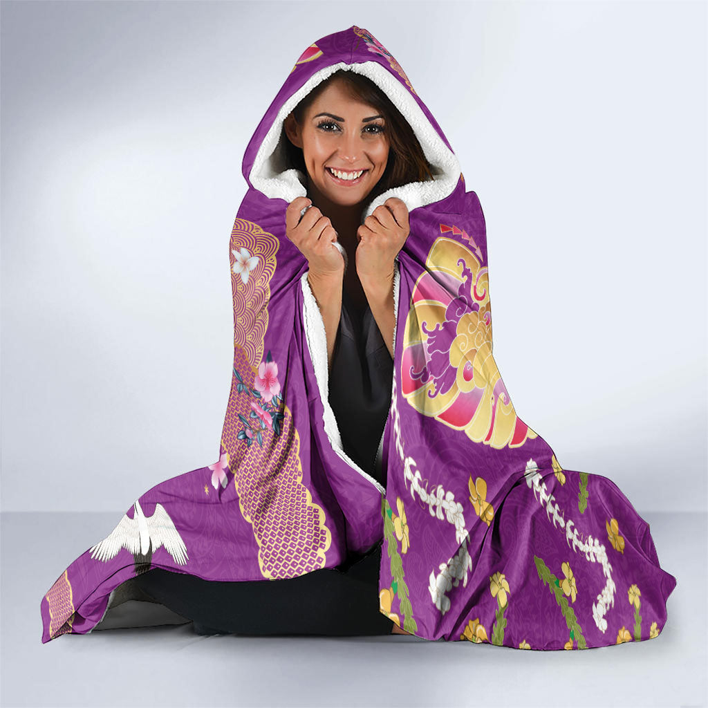 Hawaiian and Japanese Culture Together Hooded Blanket Kakau Tribal Pattern and Irezumi Art Purple Color LT03 - Polynesian Pride