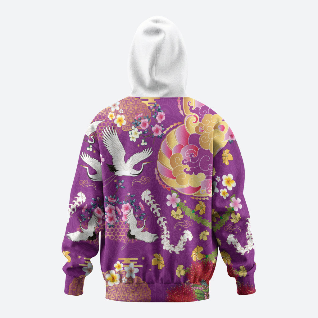 Hawaiian and Japanese Culture Together Hoodie Kakau Tribal Pattern and Irezumi Art Purple Color