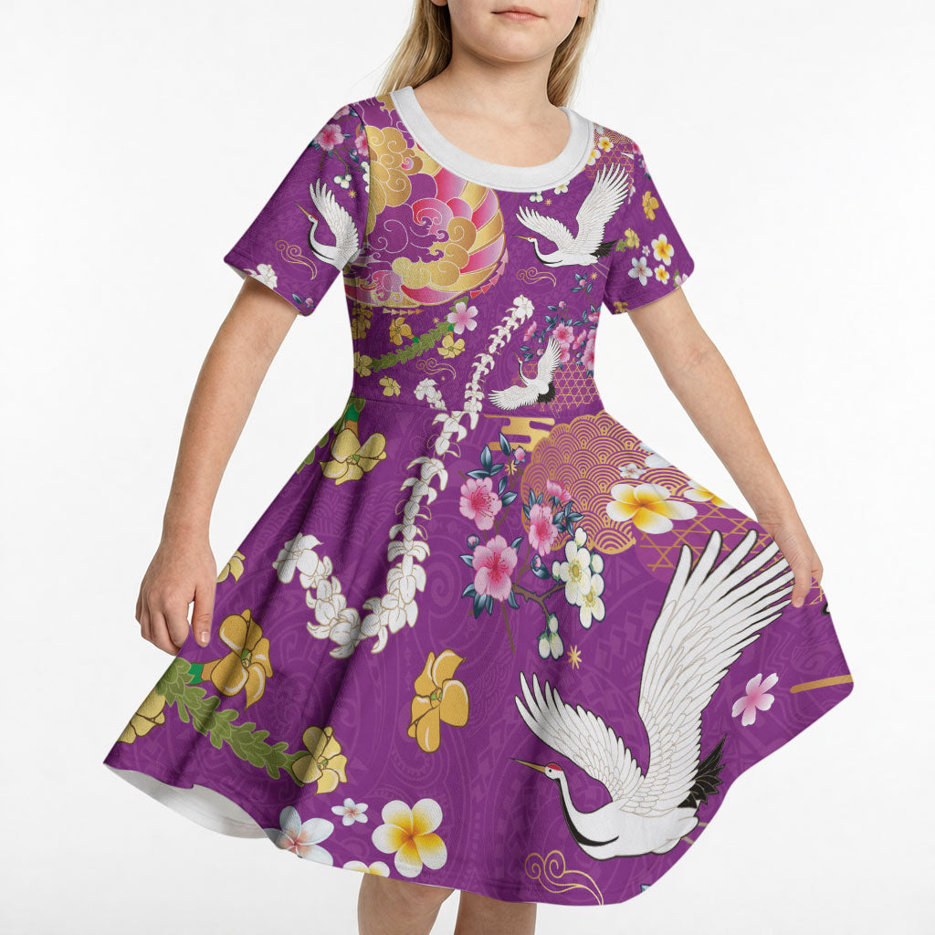 Hawaiian and Japanese Culture Together Kid Short Sleeve Dress Kakau Tribal Pattern and Irezumi Art Purple Color LT03 - Polynesian Pride