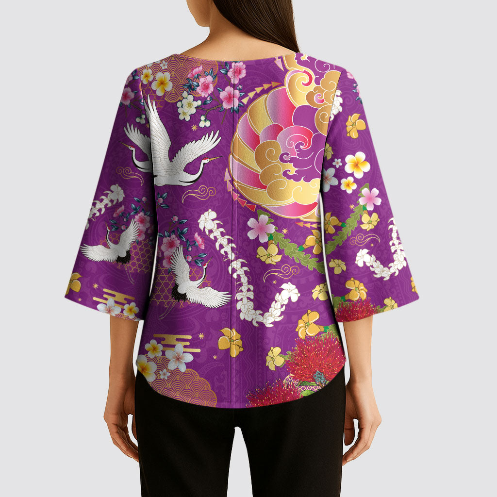 Hawaiian and Japanese Culture Together Kimono Sleeve Blouse Kakau Tribal Pattern and Irezumi Art Purple Color
