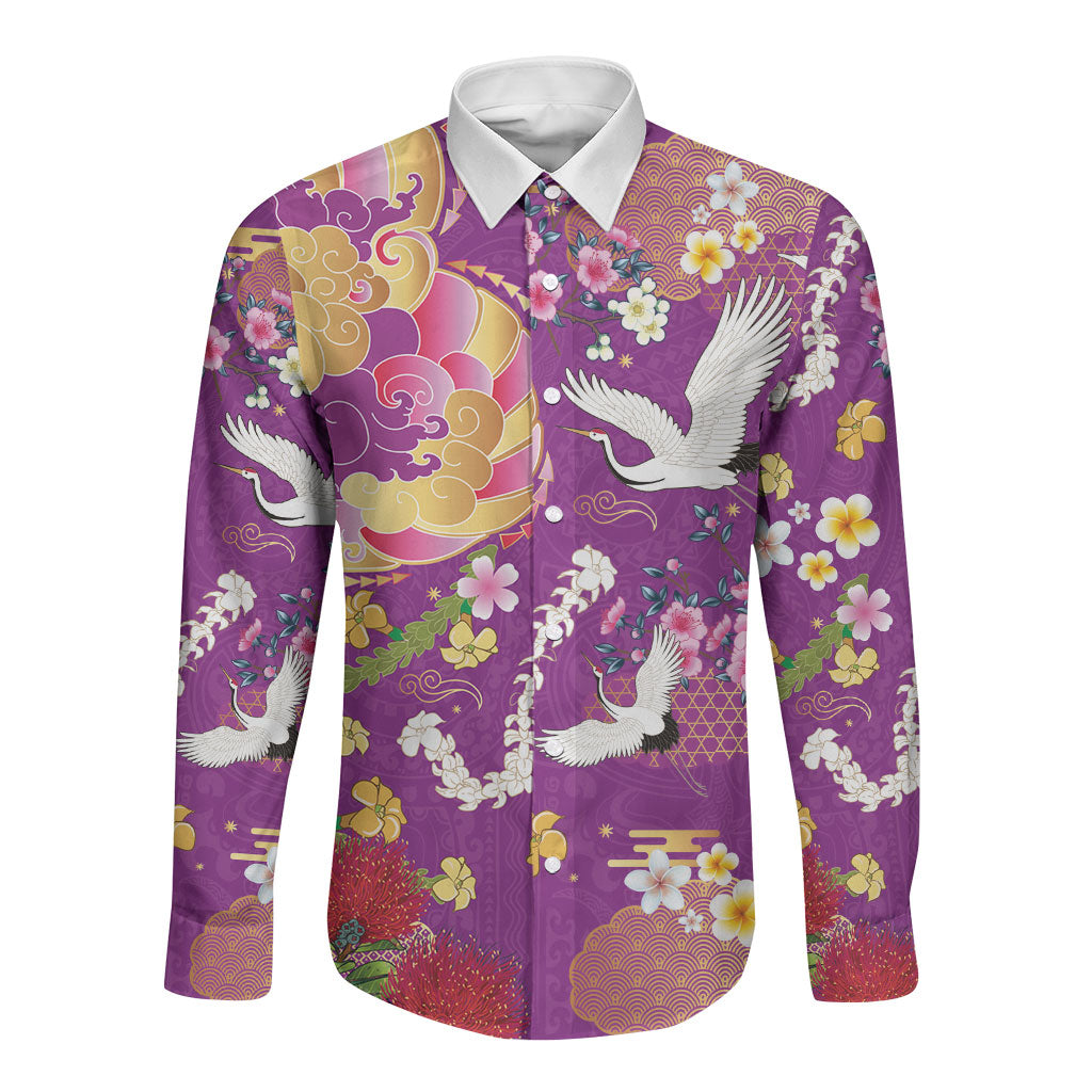 Hawaiian and Japanese Culture Together Long Sleeve Button Shirt Kakau Tribal Pattern and Irezumi Art Purple Color