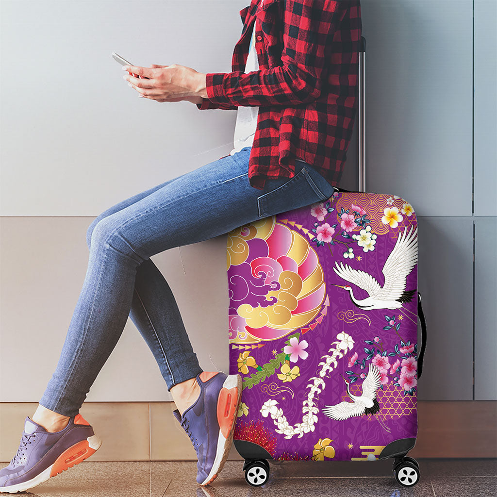 Hawaiian and Japanese Culture Together Luggage Cover Kakau Tribal Pattern and Irezumi Art Purple Color LT03 - Polynesian Pride